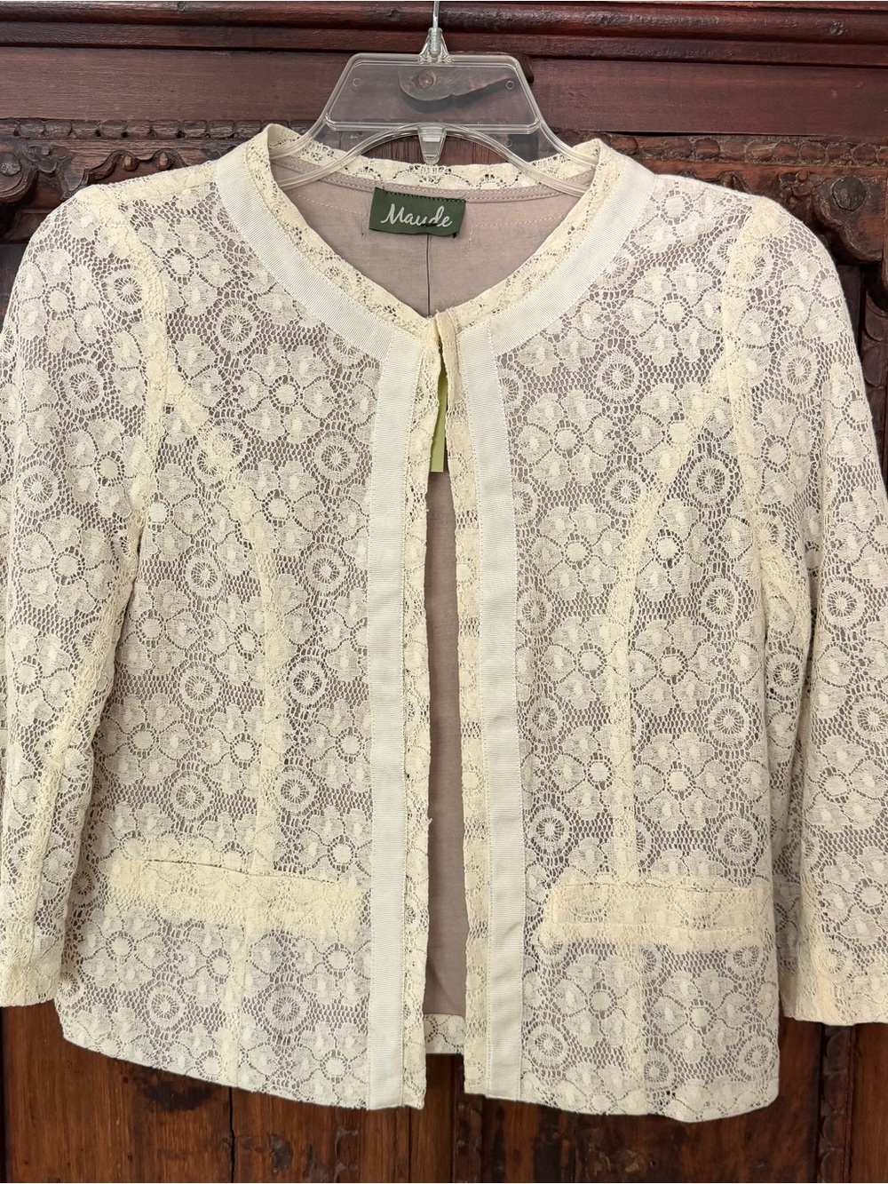 Ivory Lace Overlay Cropped Cardigan 3/4 Sleeve